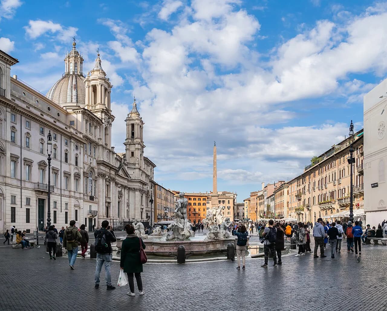 Piazza Navona in Rome with the dome of Sant'Agnese in Agone and the obelisk of the Four Rivers fountain