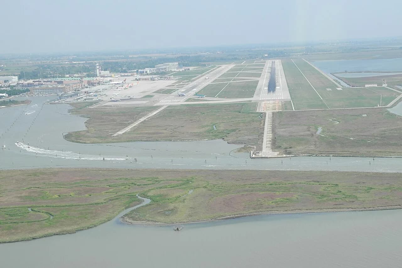 Aerial view of Venice Marco Polo Airport runways at Tessera on the edge of the Venetian Lagoon