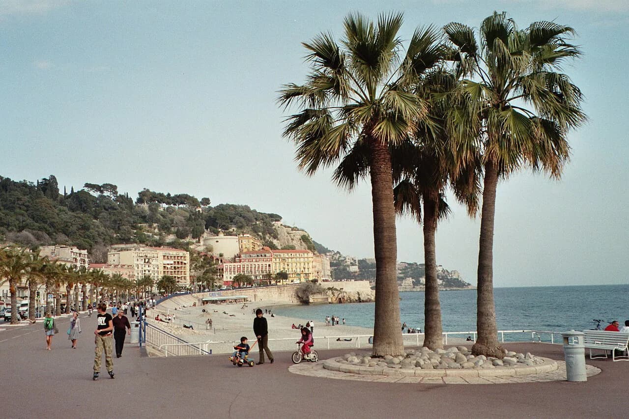Palm trees on the Promenade des Anglais in Nice, with the beach and Castle Hill beyond