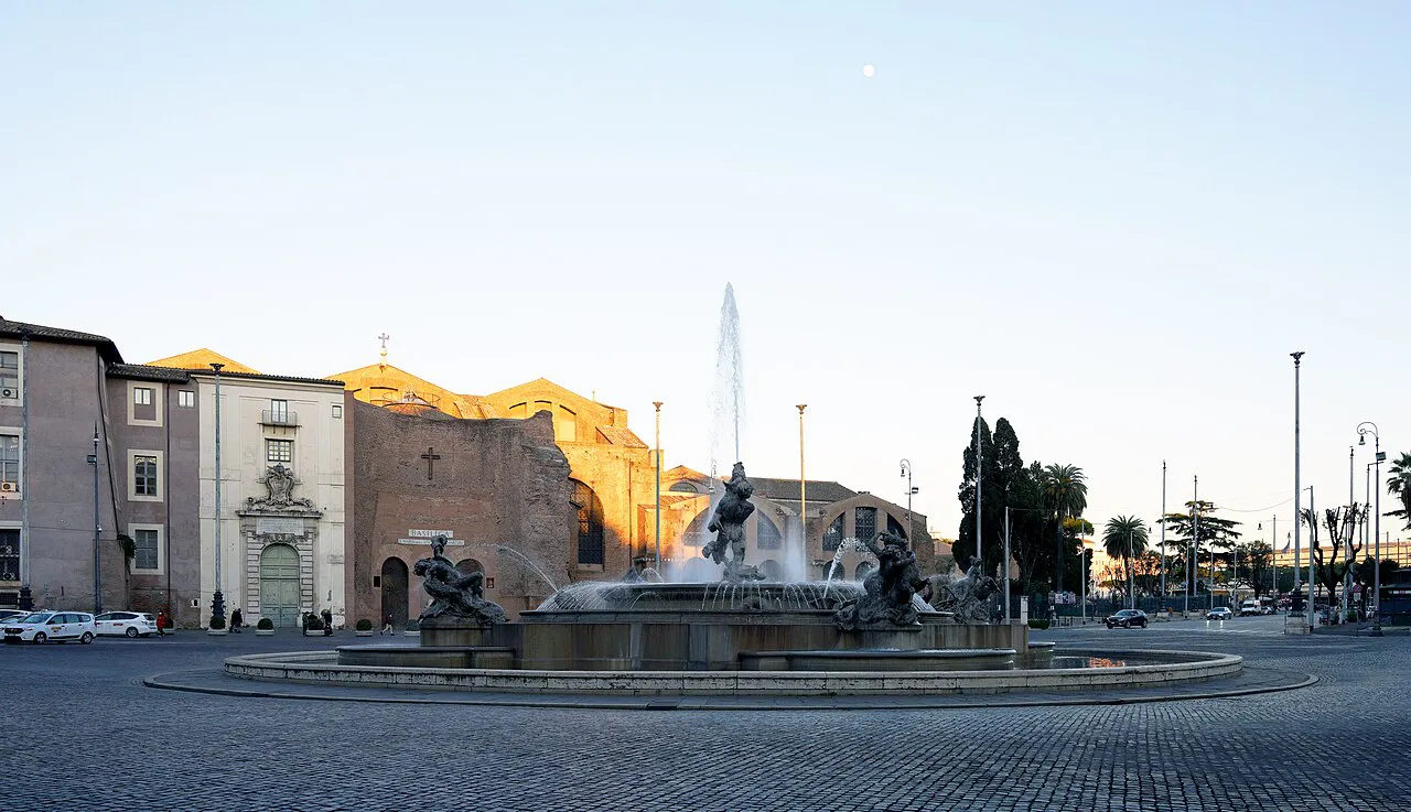 Fountain of the Naiads in Piazza della Repubblica, Rome, with the brick front of Santa Maria degli Angeli