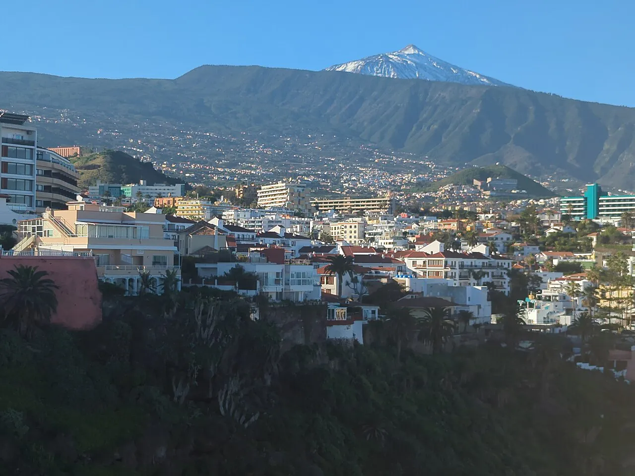 Snow-capped Mount Teide rising behind the houses and green slopes of Puerto de la Cruz
