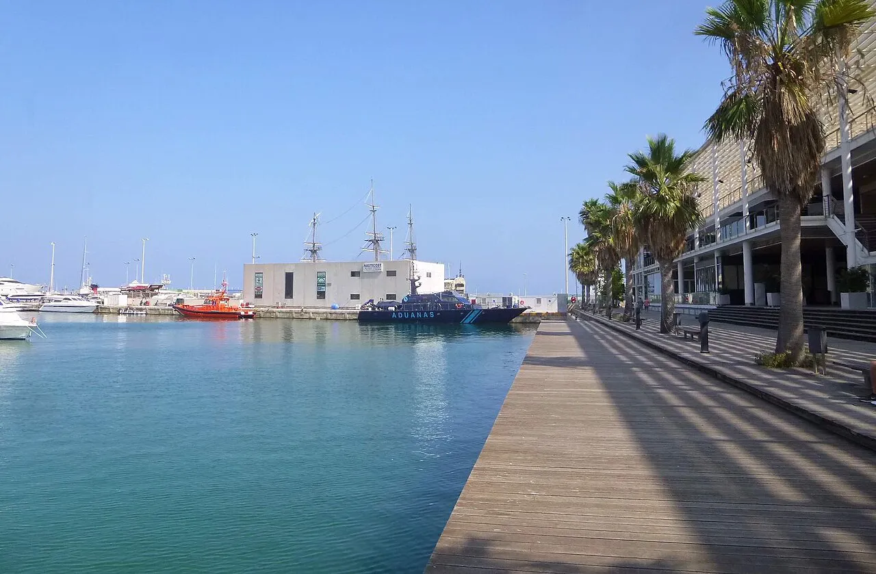 Wooden harbourside boardwalk lined with palm trees along the water at Alicante's port