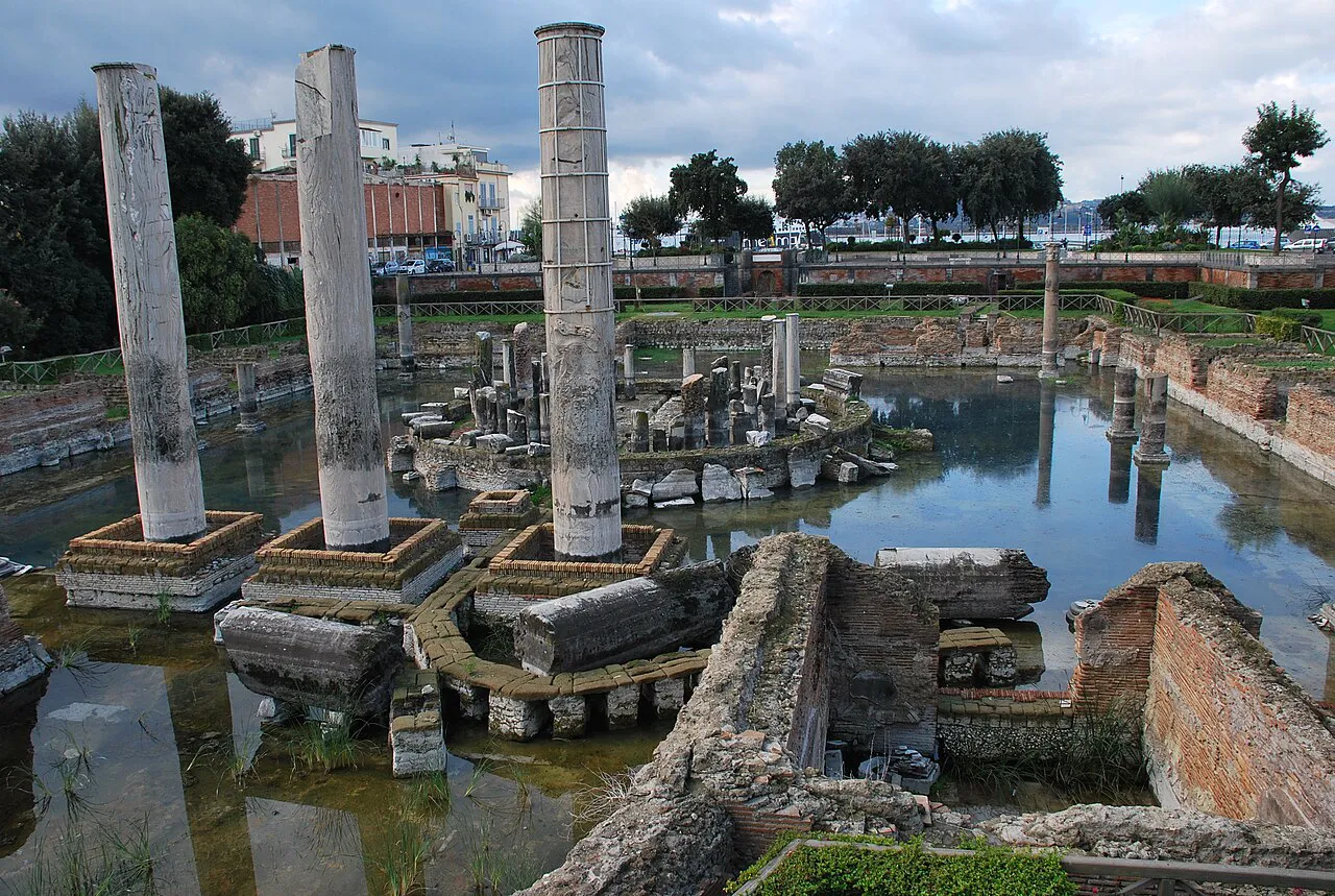 Standing columns of the Roman Macellum (Temple of Serapis) in the centre of Pozzuoli