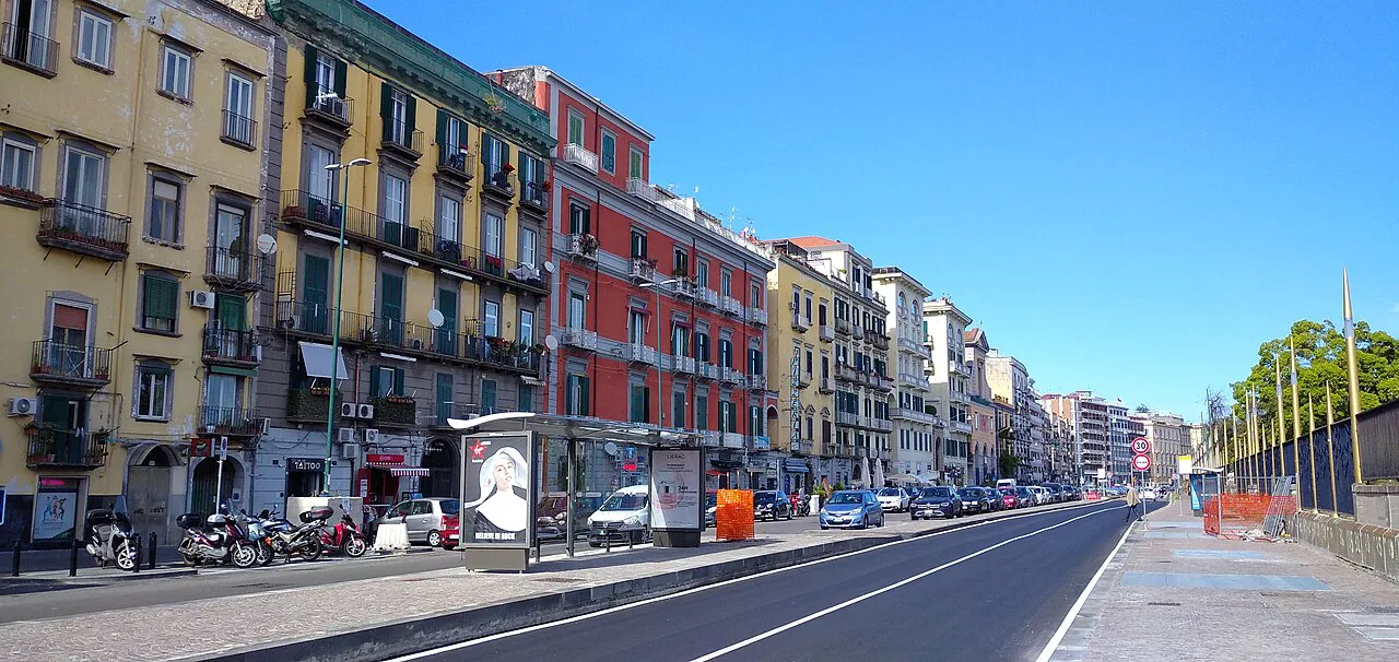 Riviera di Chiaia lined with colourful palazzi along the Chiaia waterfront, Naples