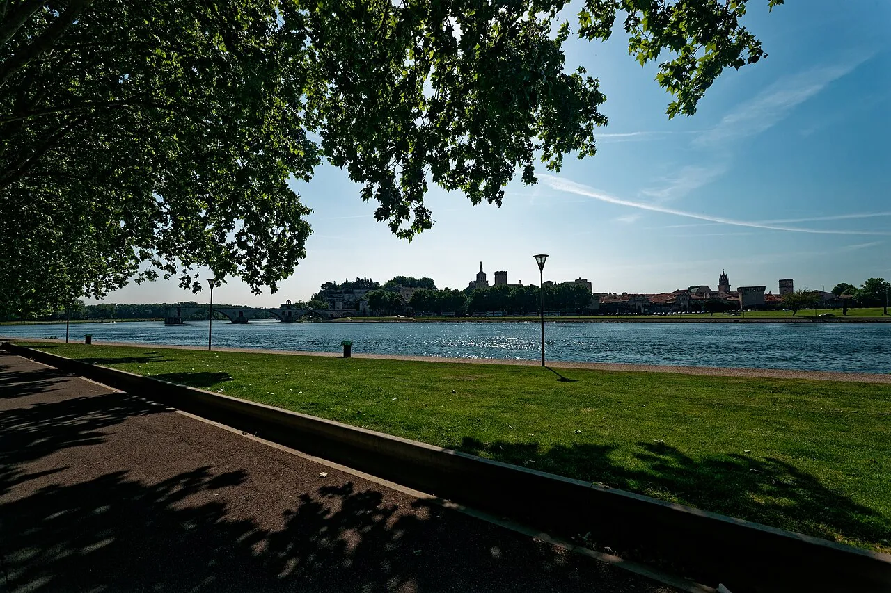 Avignon’s skyline across the Rhône seen from a tree-shaded riverside path on the Île de Piot