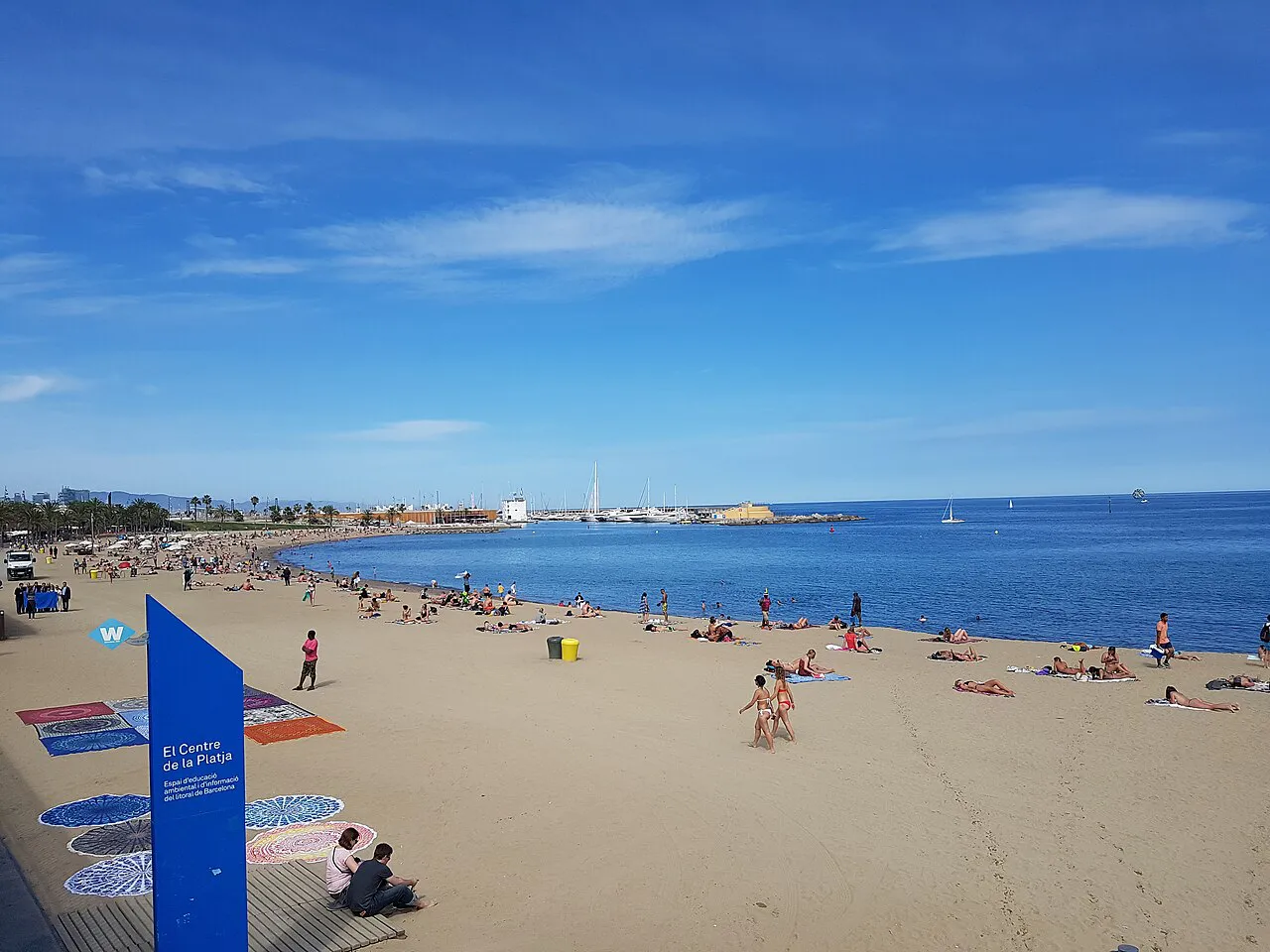 Wide sandy Barceloneta beach and blue sea on a clear day in Barcelona