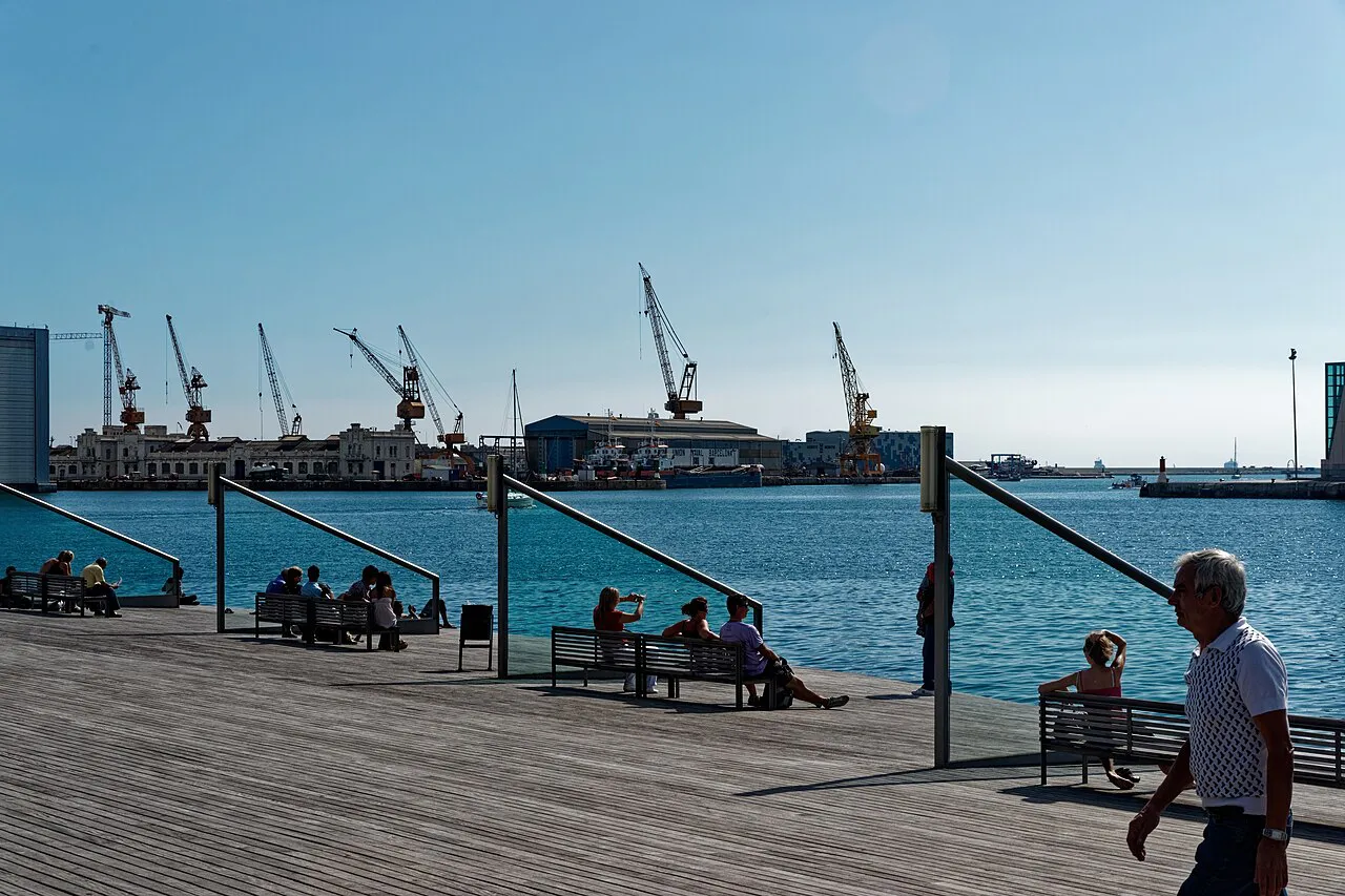 Rambla de Mar boardwalk with benches looking across the water to the cranes of Barcelona's port