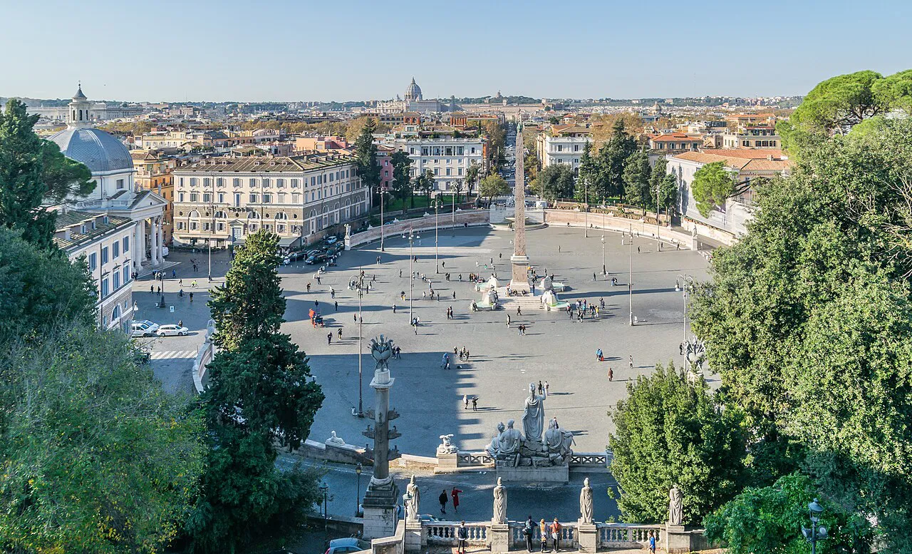 Piazza del Popolo in Rome seen from the Pincio, with its central obelisk and the city skyline beyond