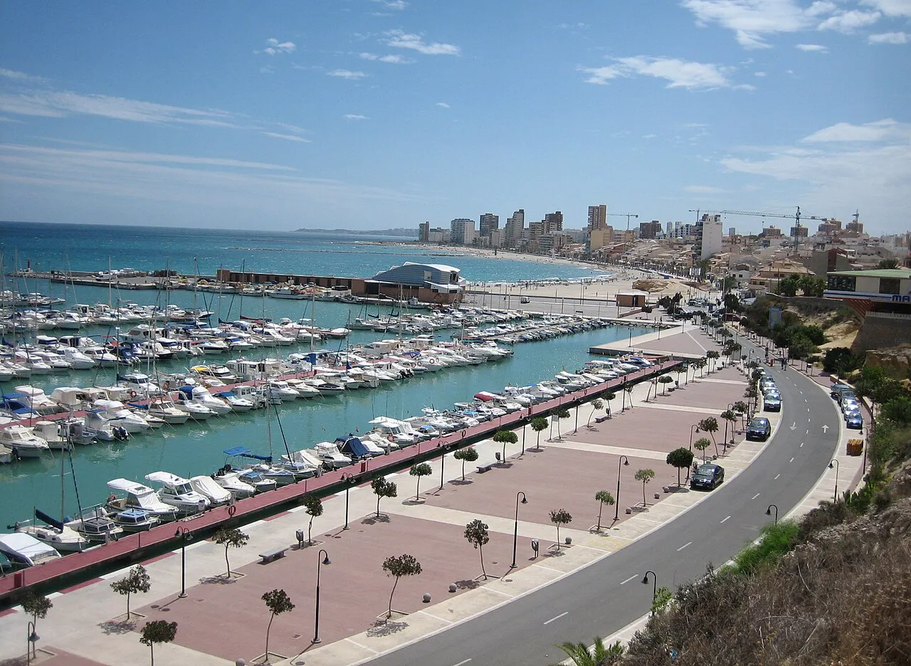 Marina of El Campello with moored boats and a palm-lined seafront road along the coast