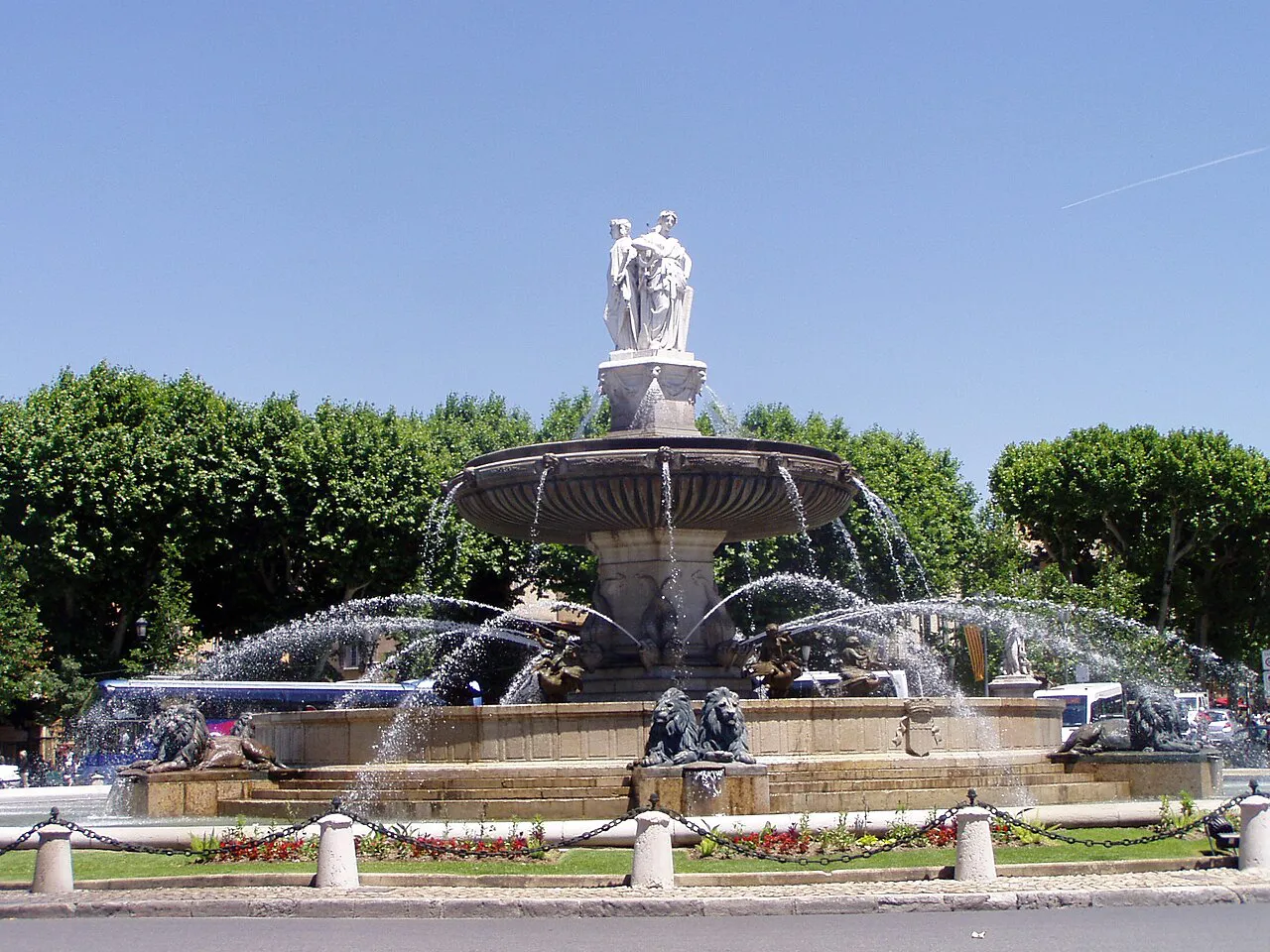 The Fontaine de la Rotonde with its statues and water jets at the top of Cours Mirabeau, Aix-en-Provence