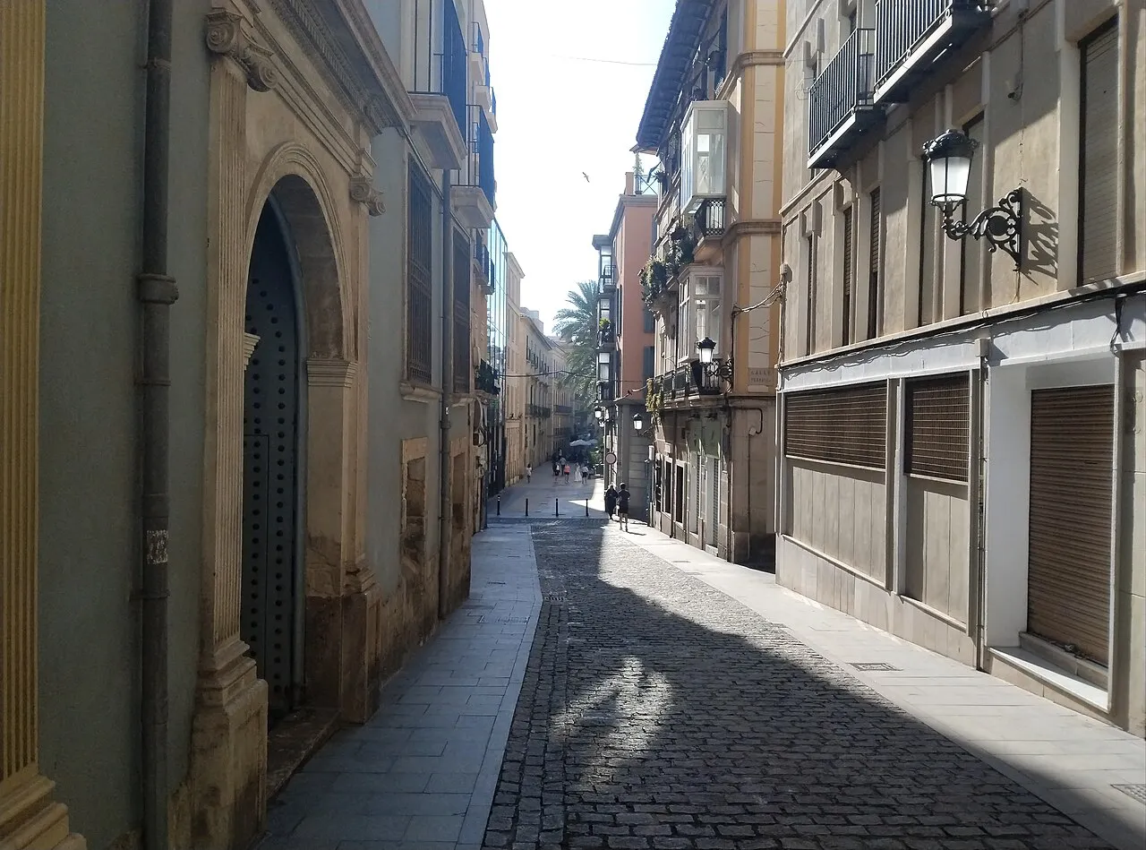 Narrow paved Calle Mayor in Alicante's old town, lined with older facades and a carved stone doorway