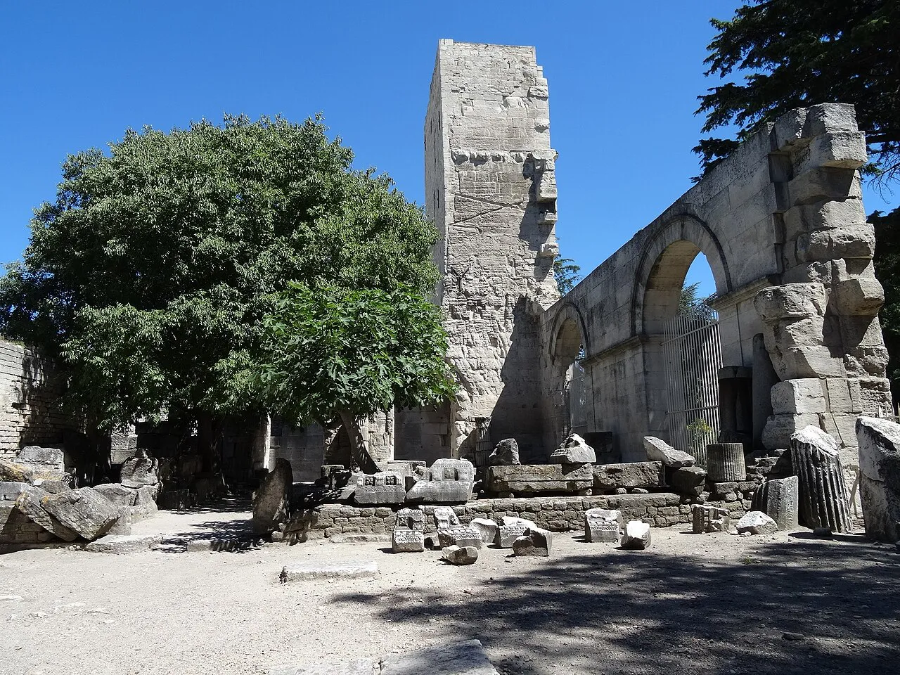 Ruined stone tower and arches of the Roman theatre in Arles beside a leafy tree