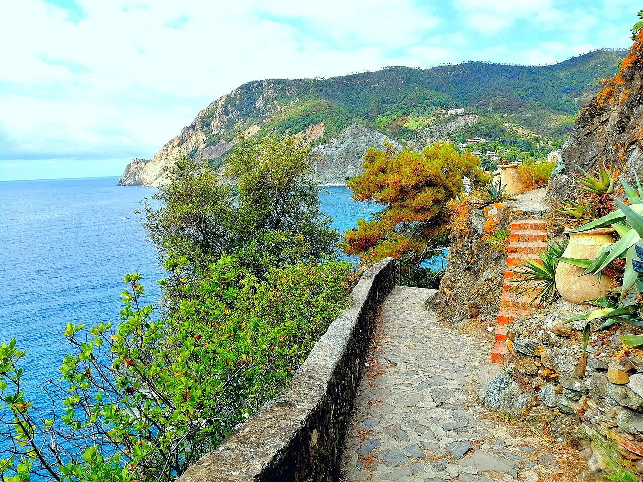Stone coastal footpath with flowers and plants on the cliffs near Monterosso al Mare