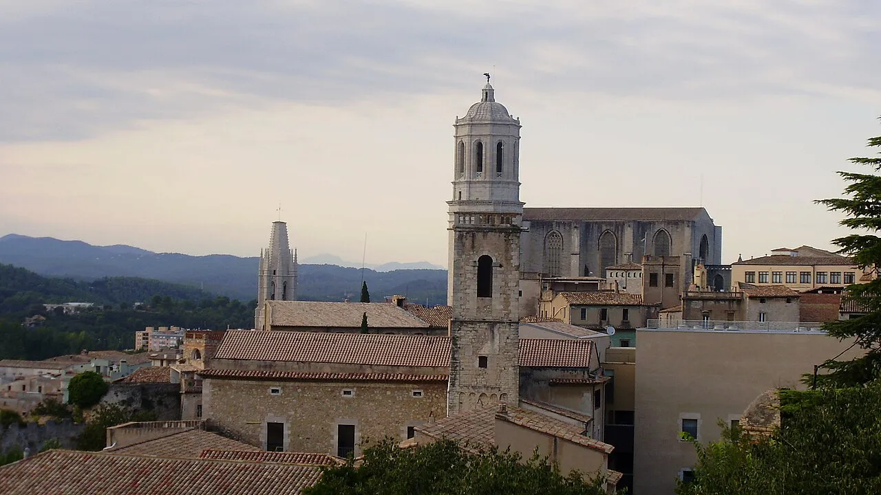 View from the medieval walls over Girona’s rooftops to the cathedral bell tower