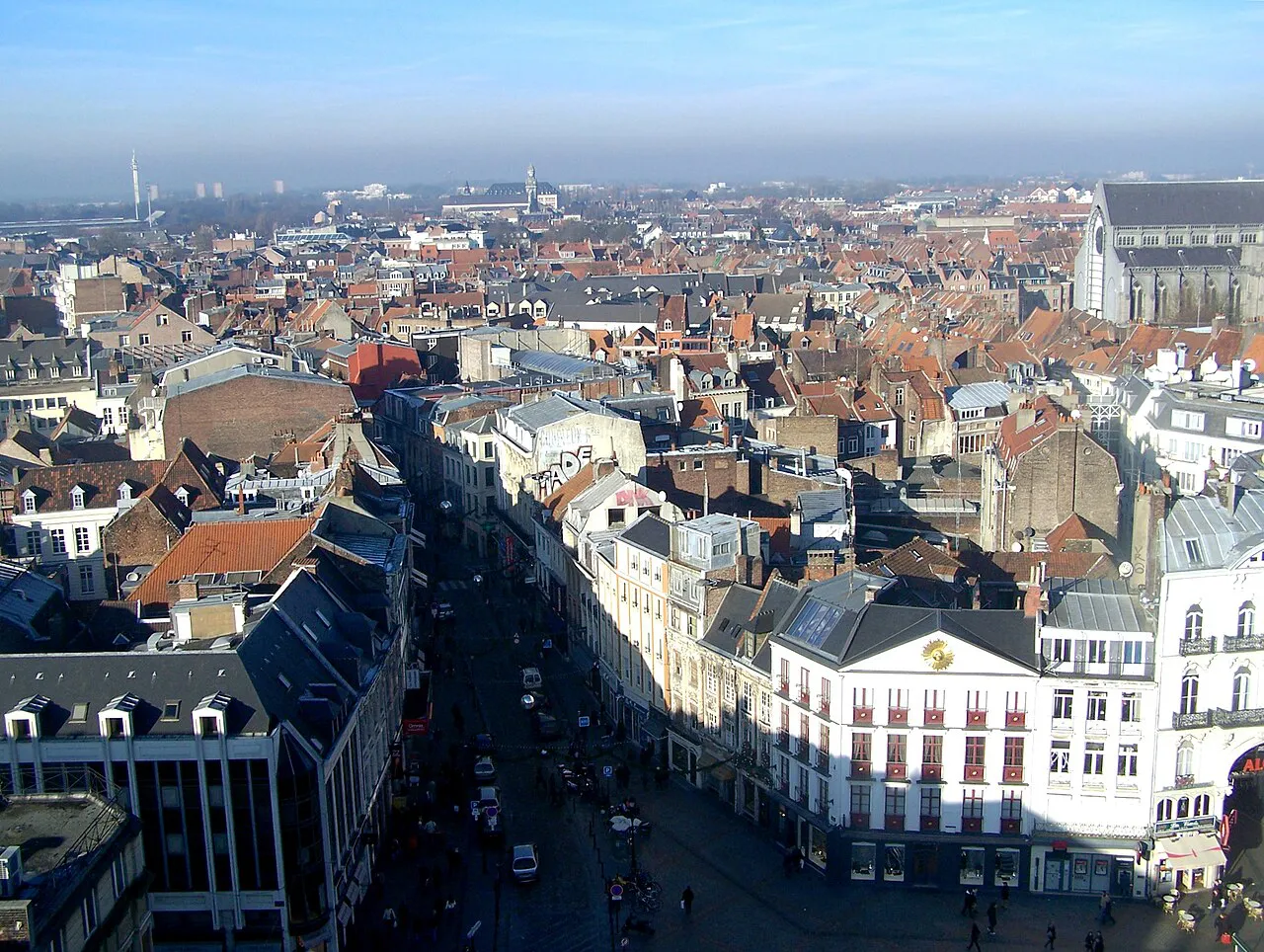 Elevated view over central Lille’s rooftops along Rue Esquermoise