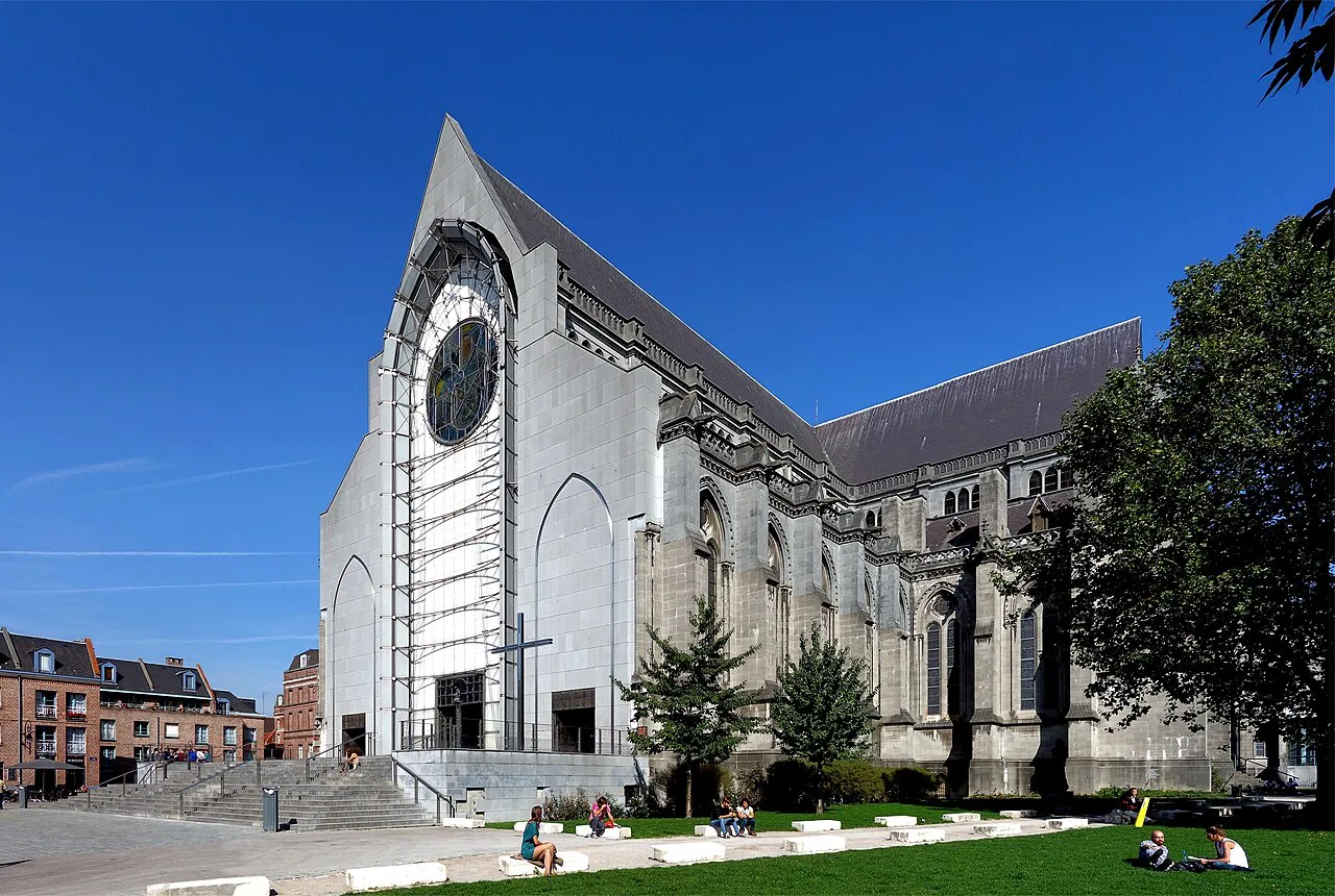 Gothic Revival Notre-Dame-de-la-Treille cathedral under a deep blue sky in Vieux-Lille