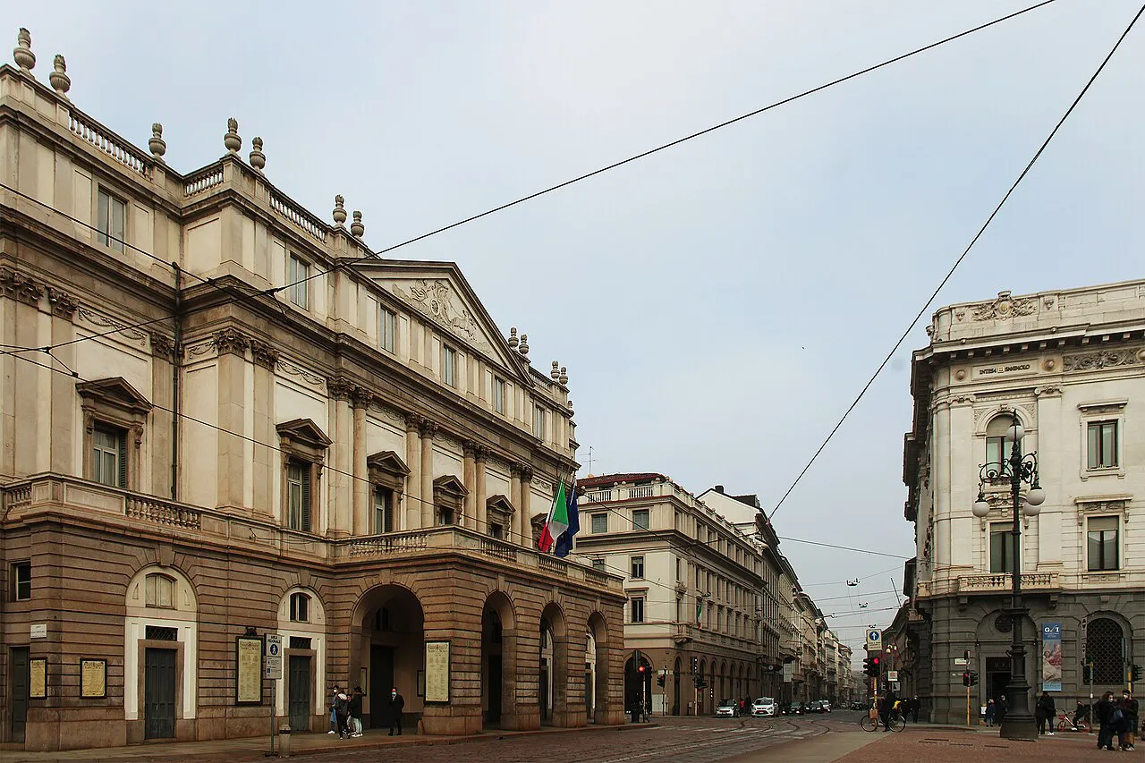 Teatro alla Scala and the start of Via Manzoni in Milan under an overcast sky