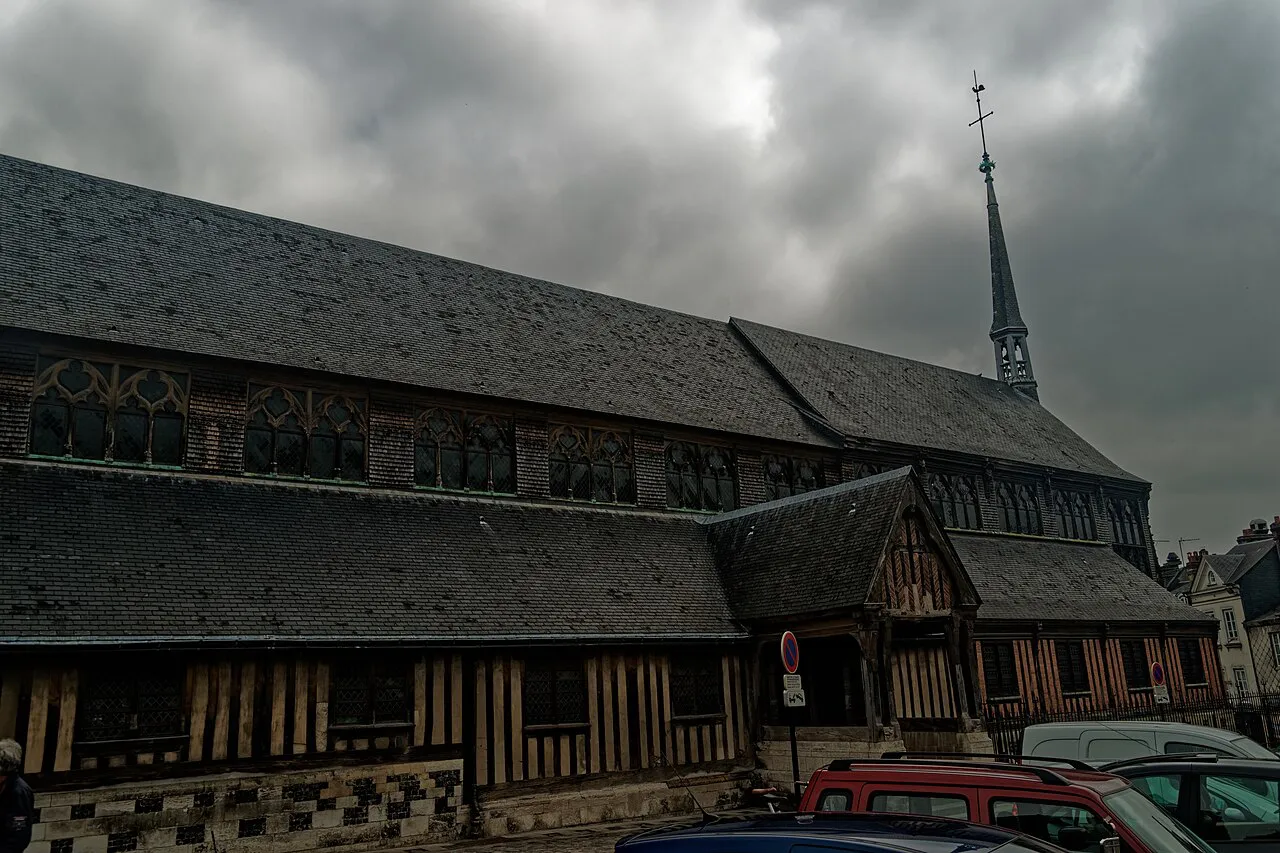 Timber-built Église Sainte-Catherine in Honfleur with its slate roofs and separate bell tower