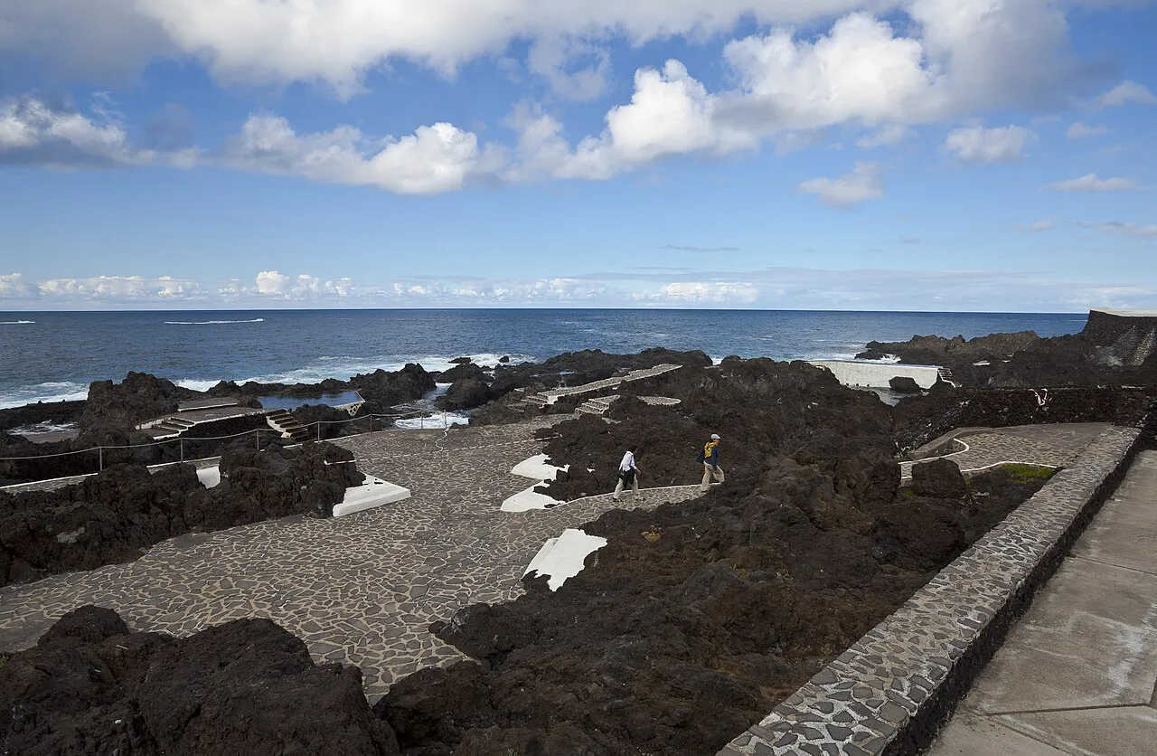 Paved paths winding between the black lava rock pools of Garachico on Tenerife's north coast
