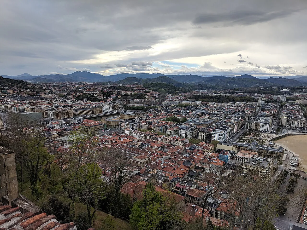 Rooftops of San Sebastián’s Parte Vieja and city centre spreading below Monte Urgull towards the hills