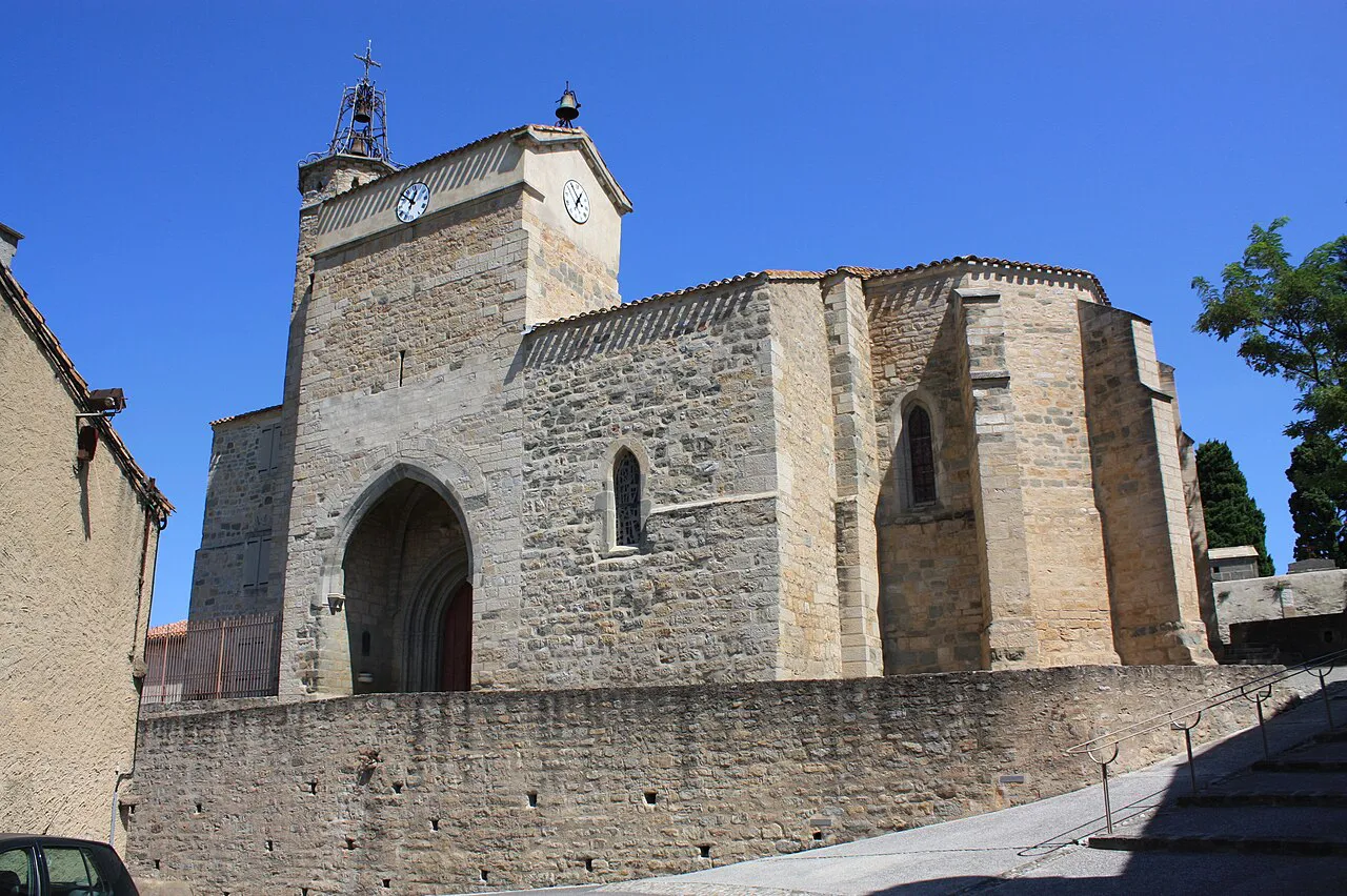 Stone church of Saint-Étienne with its bell tower in the village of Palaja near Carcassonne