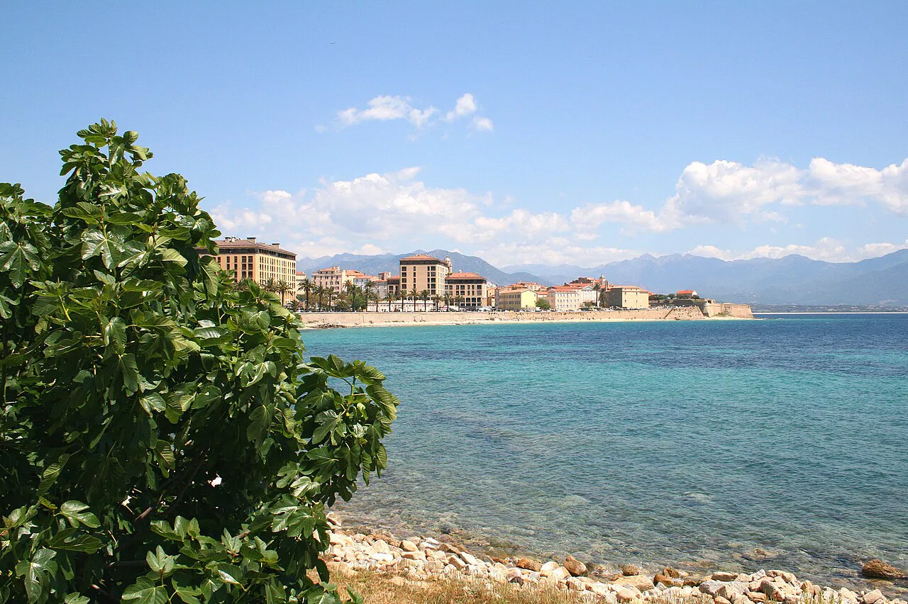 Turquoise bay and rocky shore with Ajaccio's old town and citadel across the water