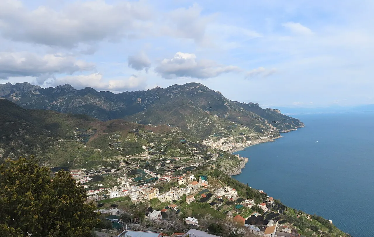 Minori's rooftops and the coastline beyond, seen from above near Ravello on the Amalfi Coast