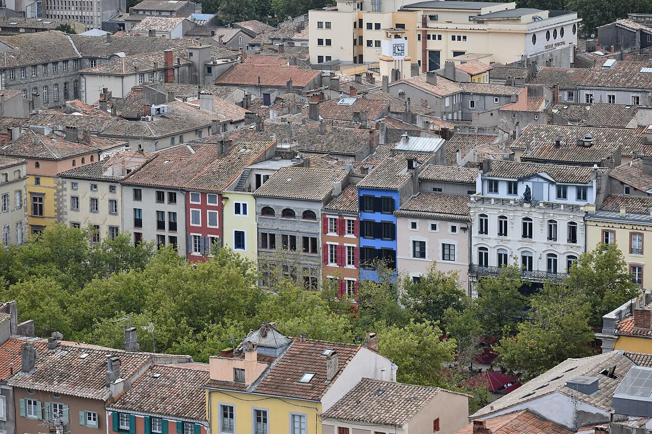 Rooftops and colourful town houses of the Bastide Saint-Louis seen from the Saint-Vincent bell tower, Carcassonne