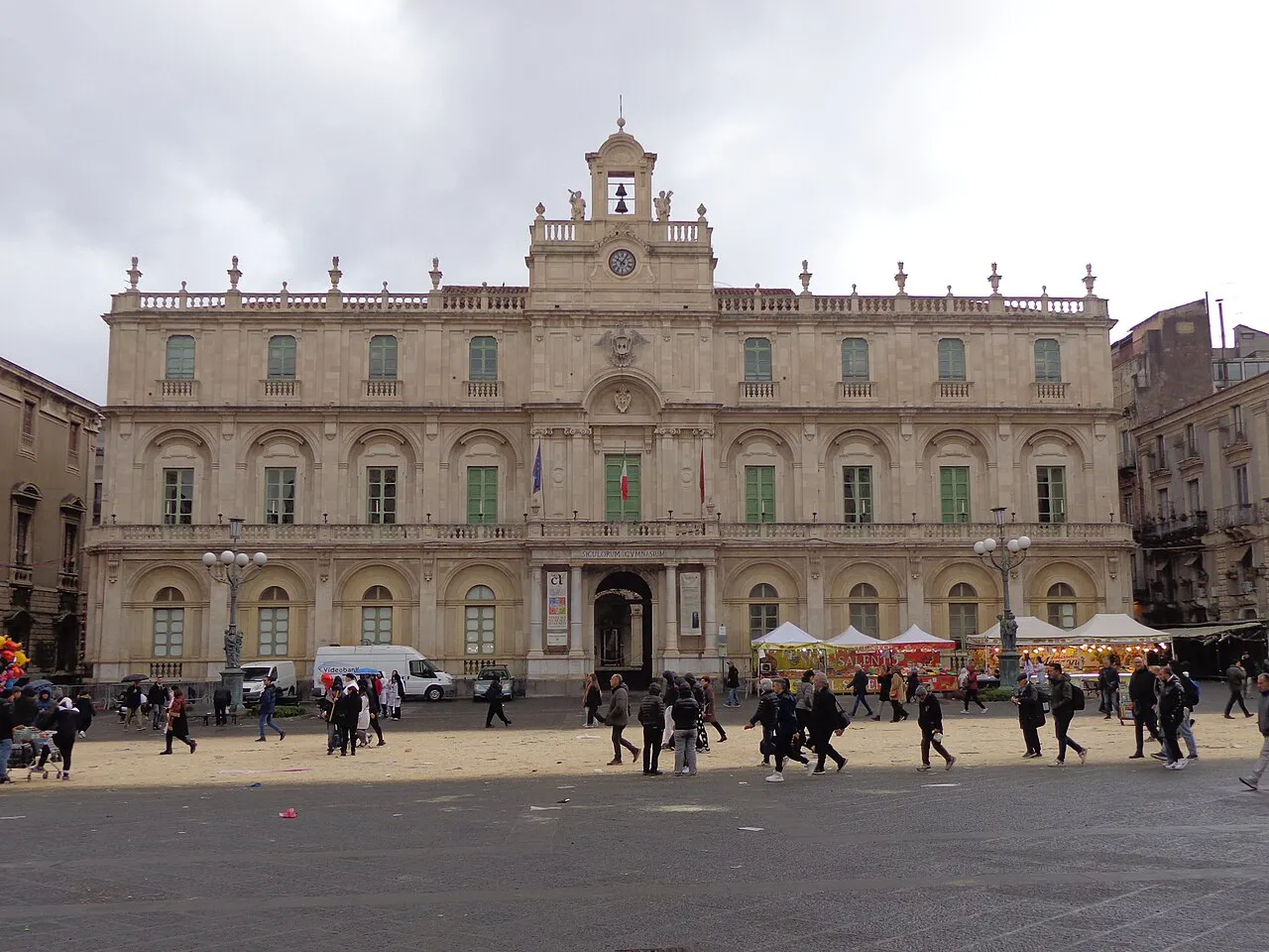 The symmetrical baroque facade of Palazzo dell'Università with its bell turret, Catania