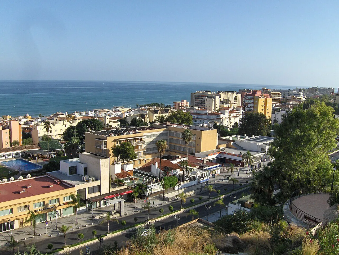 View over the rooftops of La Carihuela in Torremolinos to the sea from Parque de la Batería