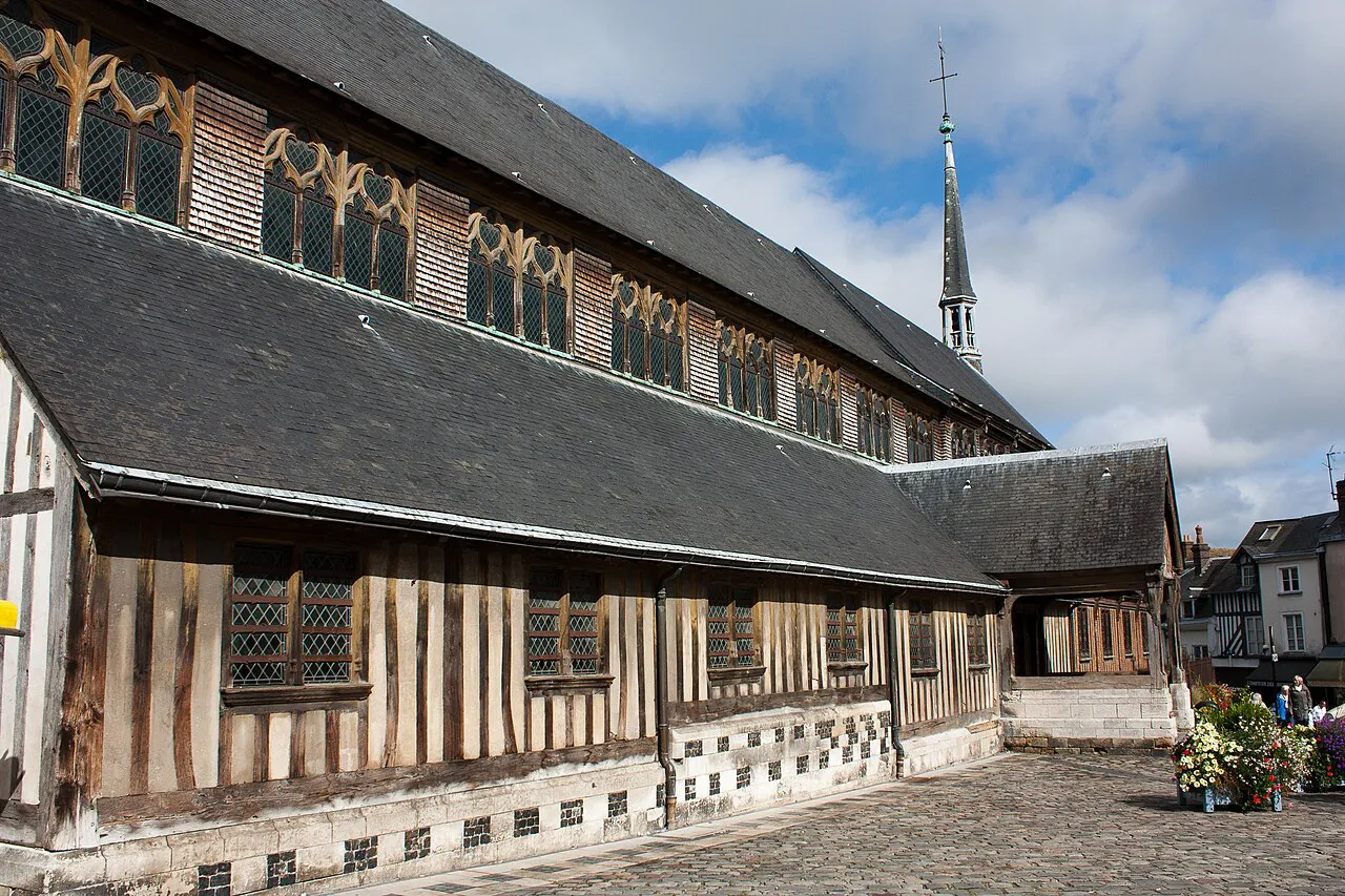 Timber-framed nave and slate roofs of the wooden Église Sainte-Catherine in Honfleur