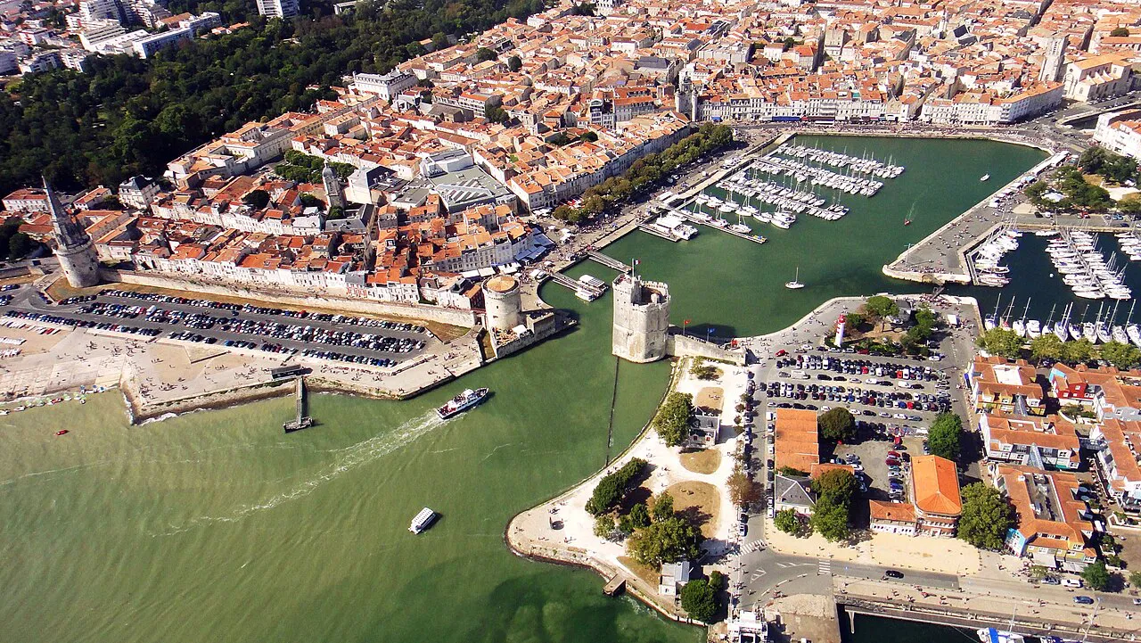 Aerial view of La Rochelle’s Vieux-Port, its harbour towers and the surrounding old town