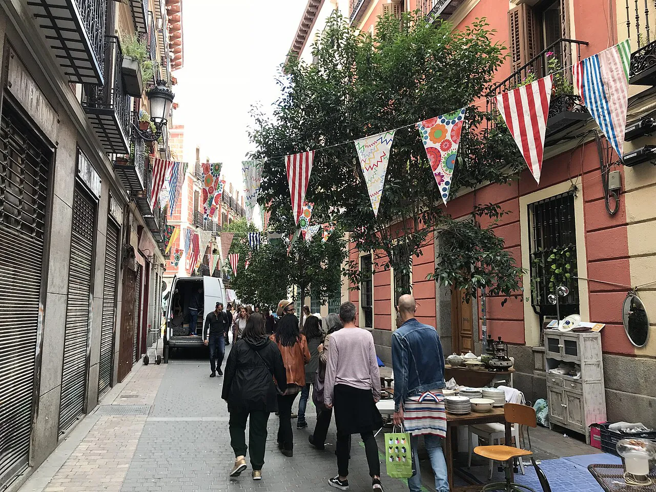 Pedestrian street with bunting in the Barrio de las Letras, Madrid