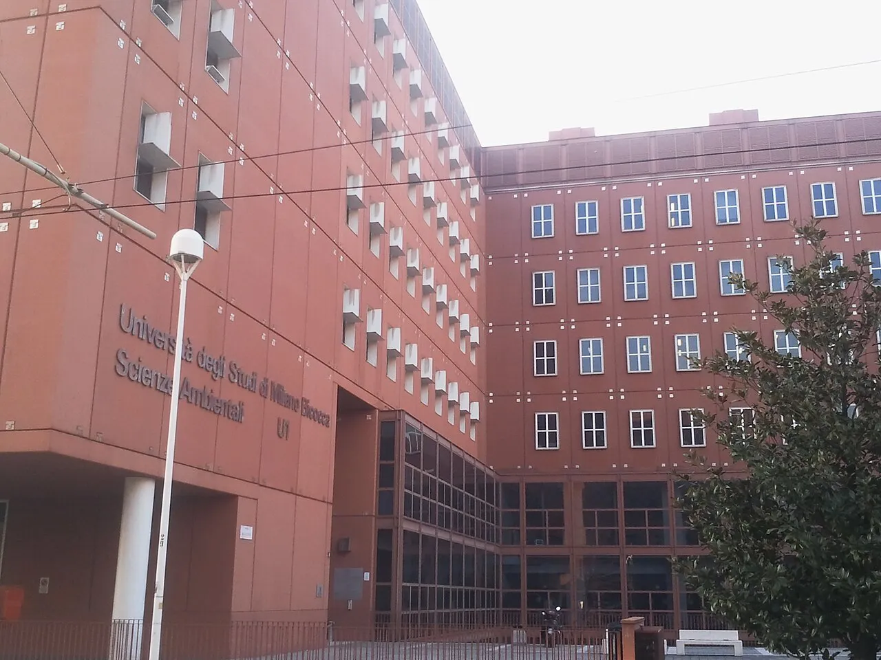 Red-brick University of Milano-Bicocca building seen from Piazza della Scienza in the Bicocca district, Milan