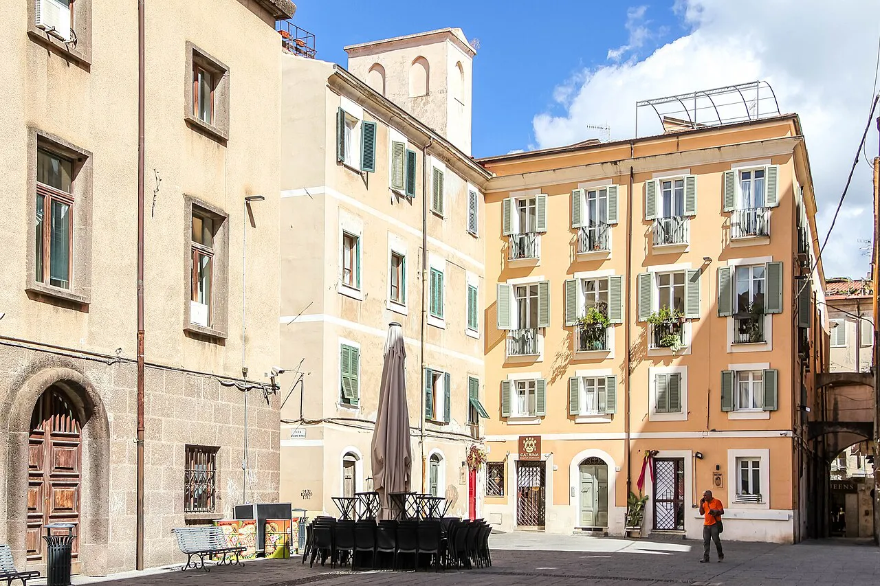 Pastel facades and green shutters around Piazza Santa Caterina in central Sassari