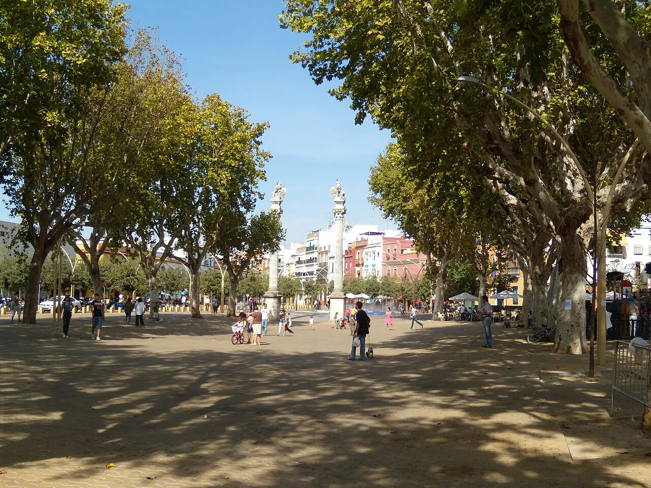 Tree-shaded promenade of the Alameda de Hércules with its tall columns in the distance, Seville