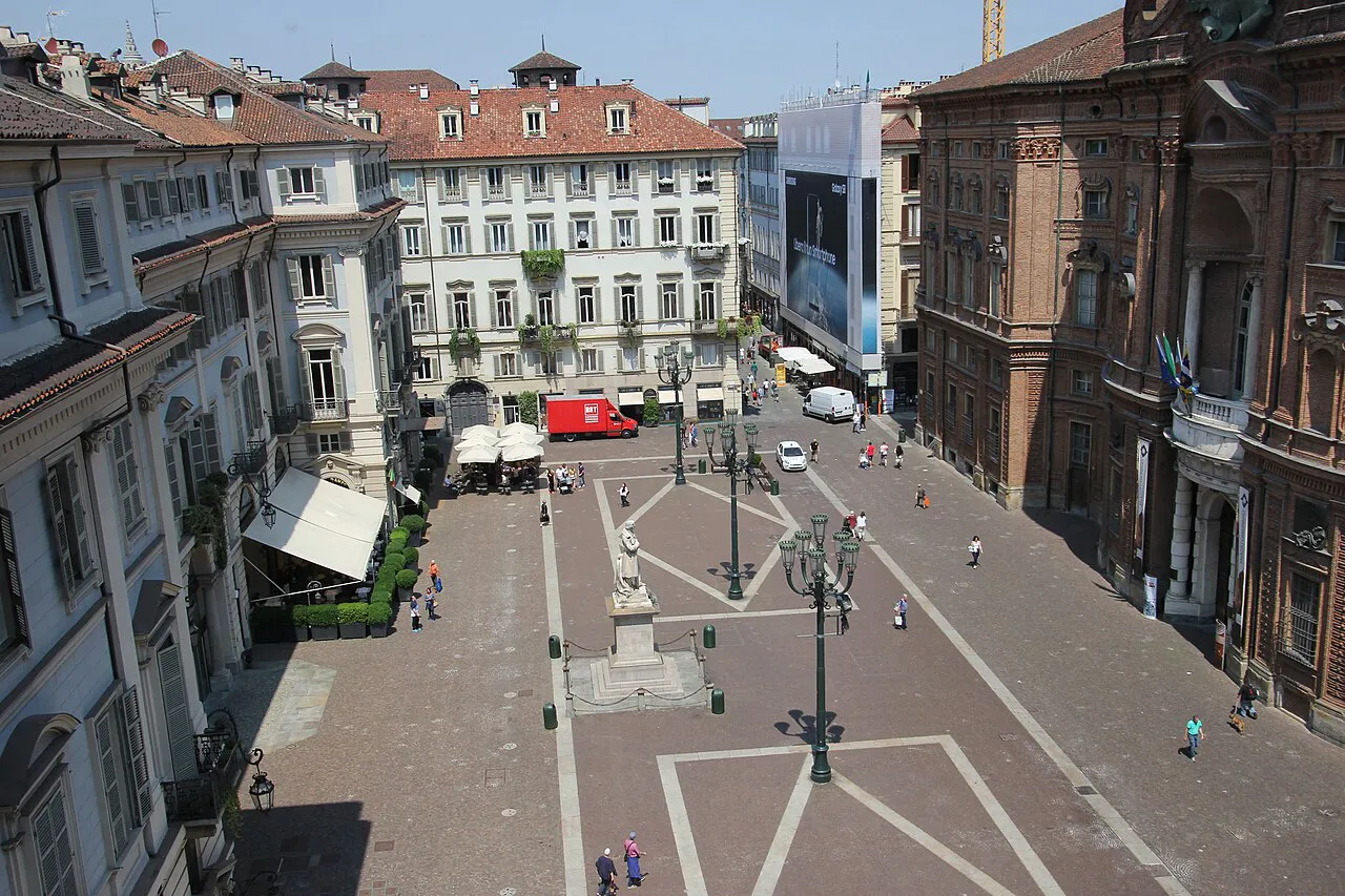 Piazza Carignano in central Turin seen from above, with its paved square and historic palazzi