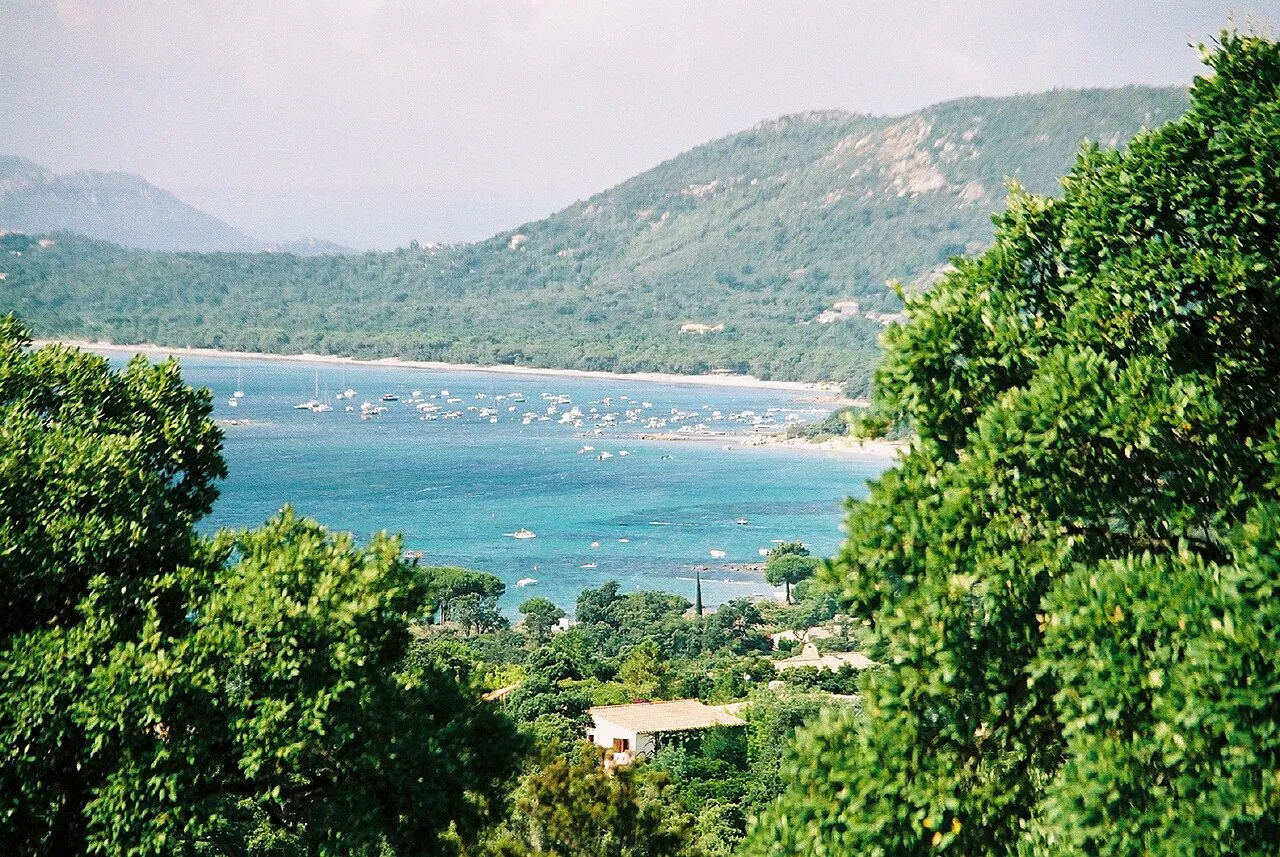 View through green trees over the turquoise bay of Pinarellu with moored boats and a sandy shore