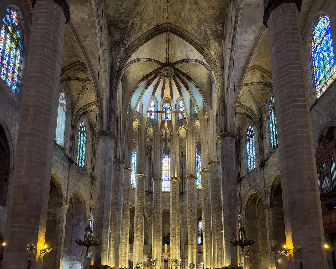 Soaring Gothic nave and slender columns inside the Basilica of Santa Maria del Mar in El Born, Barcelona