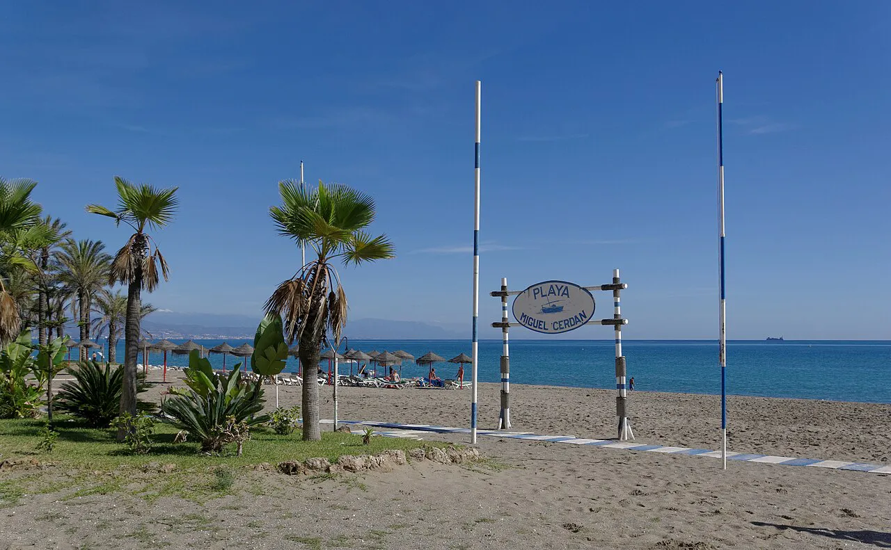 Palm trees and a beach sign on the sand at Playa Miguel Cerdán on the Torremolinos coast
