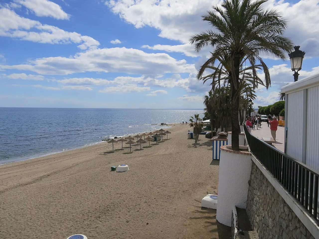 Sandy Marbella beach with rows of thatched parasols and a palm-lined promenade along the sea