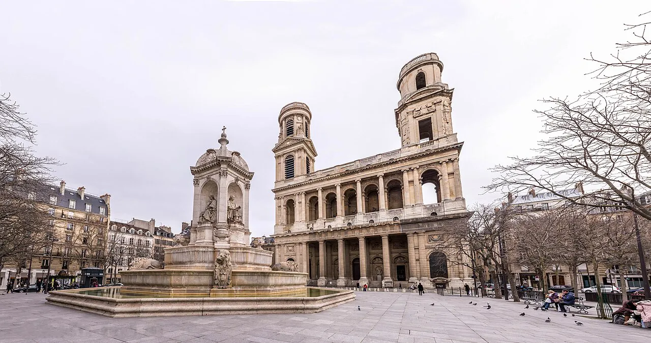 Fontaine Saint-Sulpice and the twin towers of the Church of Saint-Sulpice on Place Saint-Sulpice, Paris