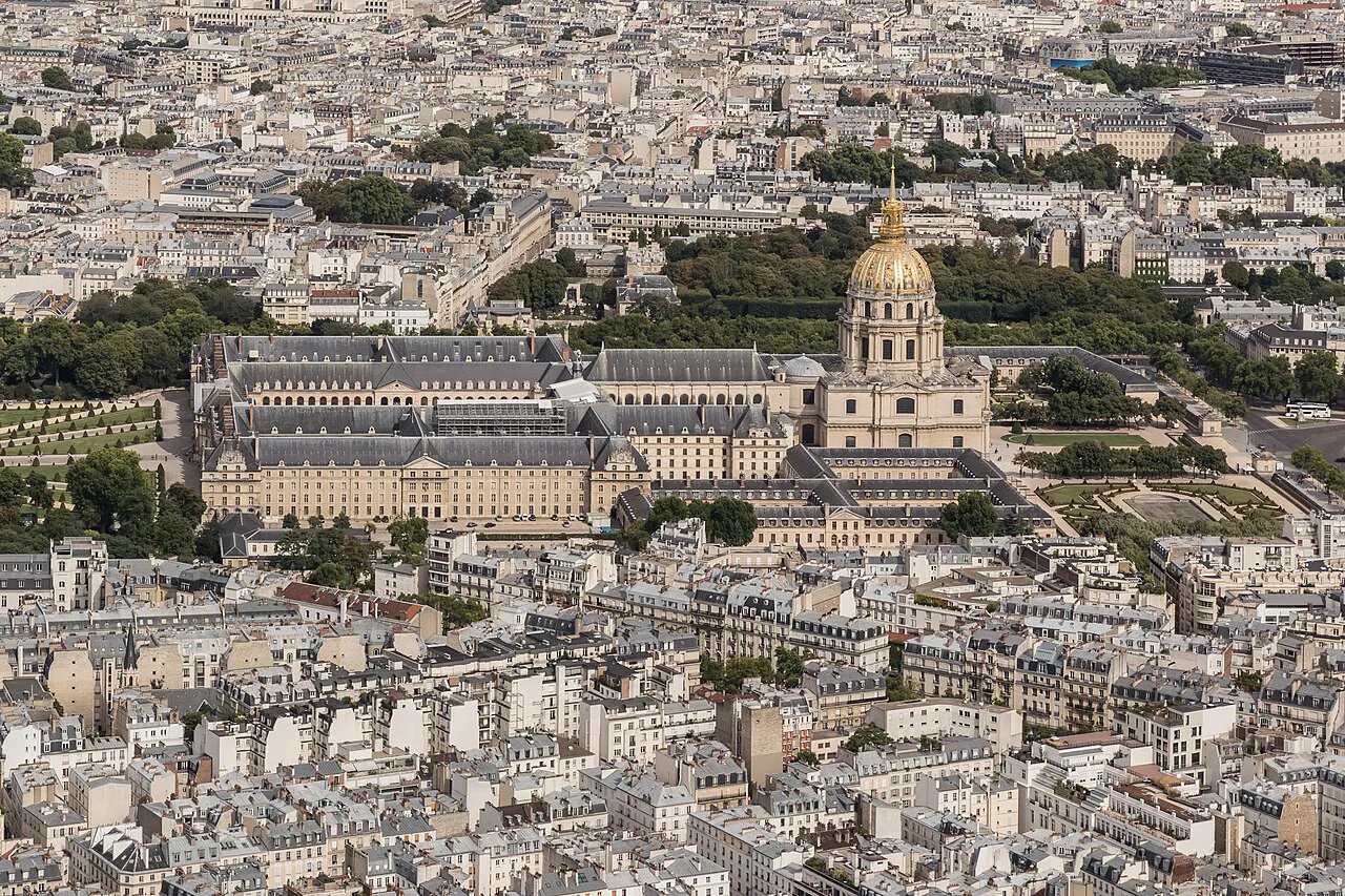 Aerial view of the Hôtel des Invalides and its golden dome among the rooftops of the 7th arrondissement, Paris