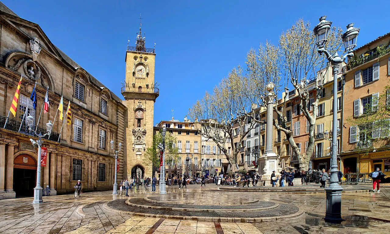 Place de l’Hôtel de Ville with its clock tower and stone facades in old Aix-en-Provence