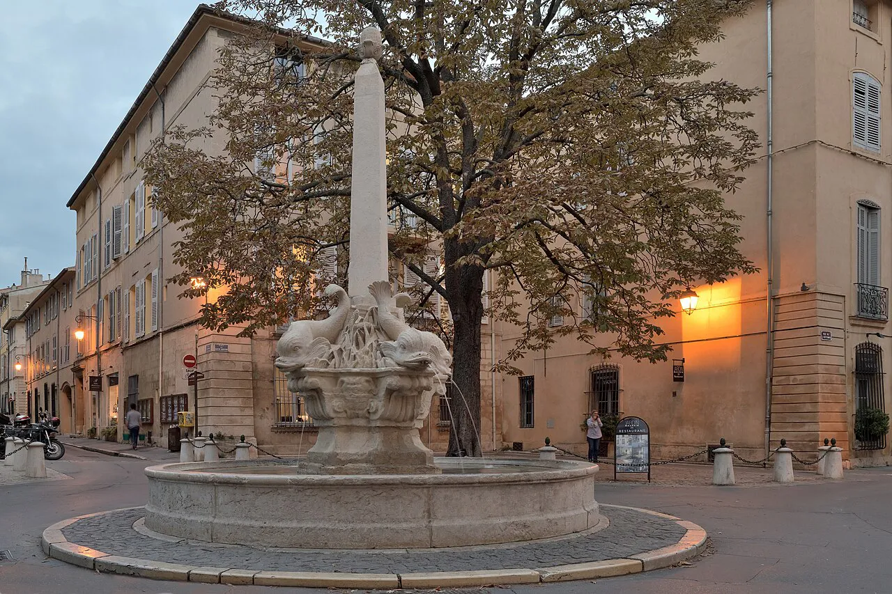 Fontaine des Quatre Dauphins in a quiet square of the Mazarin quarter, Aix-en-Provence