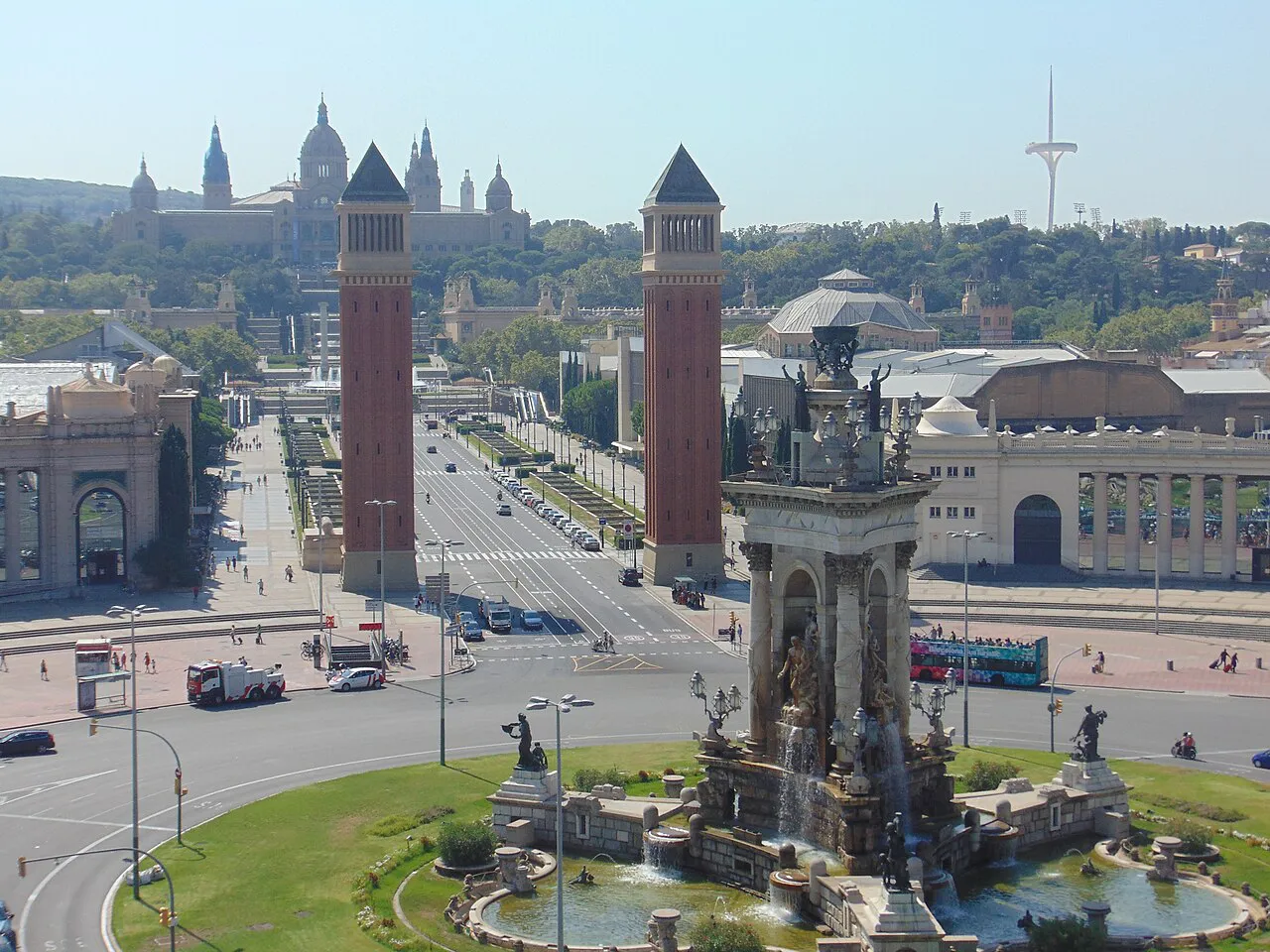 Plaça d'Espanya fountain and the twin Venetian Towers leading towards Montjuïc in Barcelona