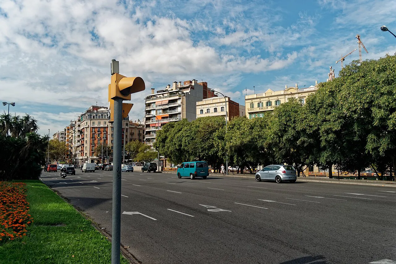 Wide multi-lane Avinguda Diagonal with green median and apartment blocks in Barcelona
