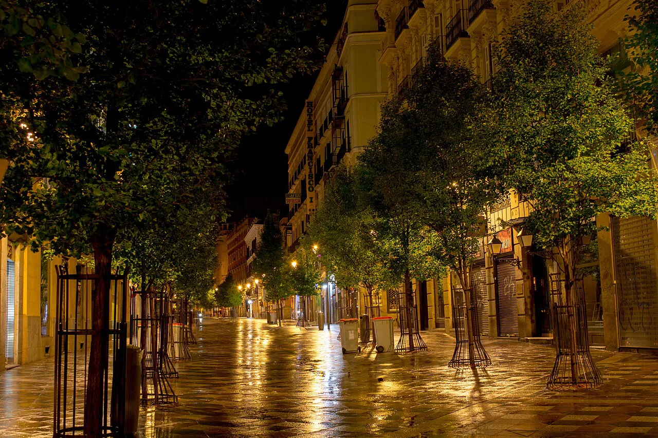 Pedestrianised Calle del Arenal in central Madrid at night, trees and wet paving lit by street lamps