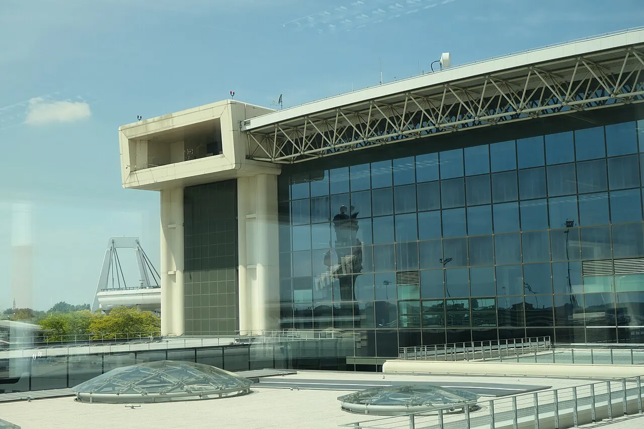 Glass-fronted Terminal 1 building and control block at Milan Malpensa Airport