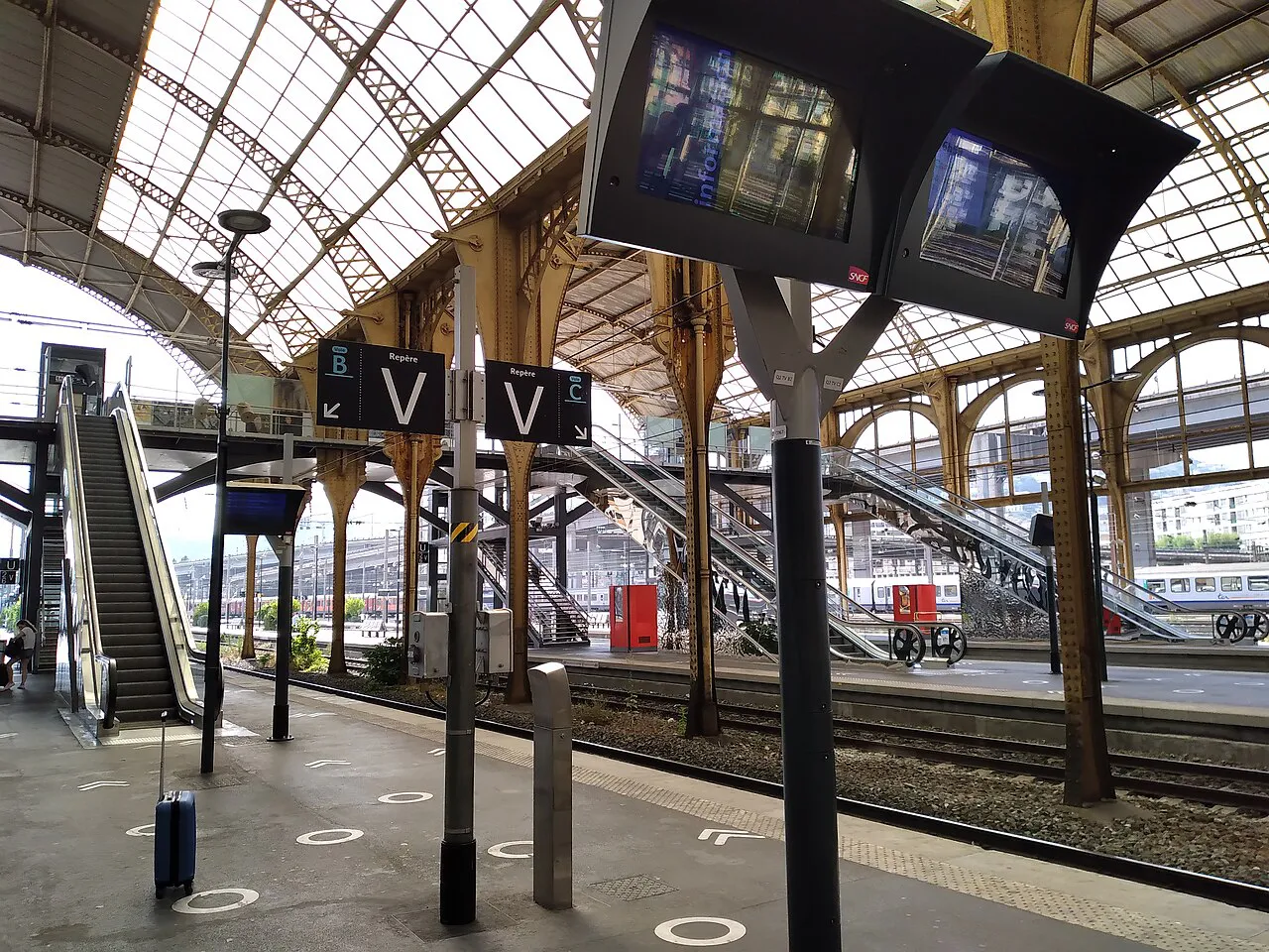 Platforms and departure screens under the iron-and-glass train shed of Nice-Ville station